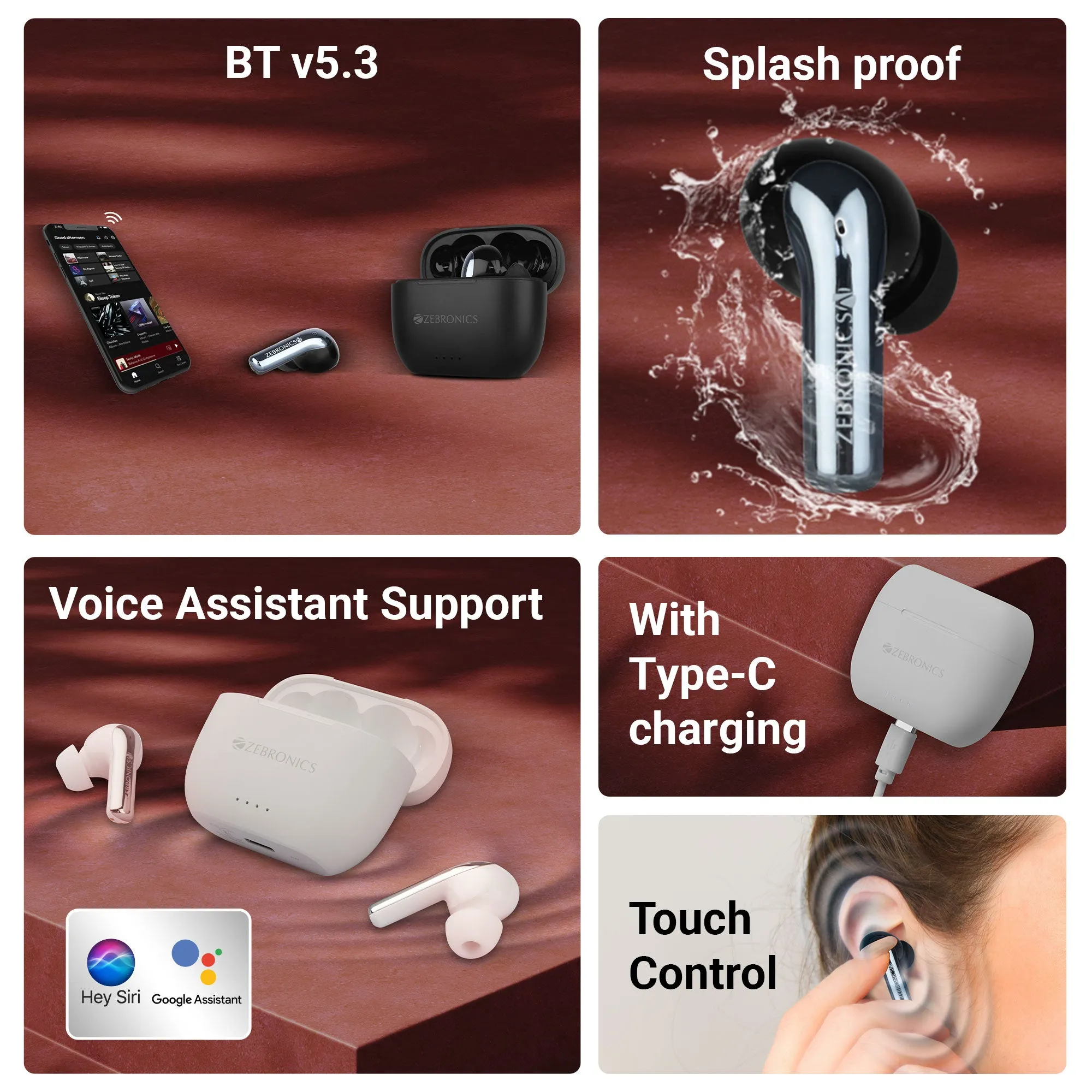 Zebronic Wireless Bluetooth Earbuds Black Zeb Pods B15 view 3